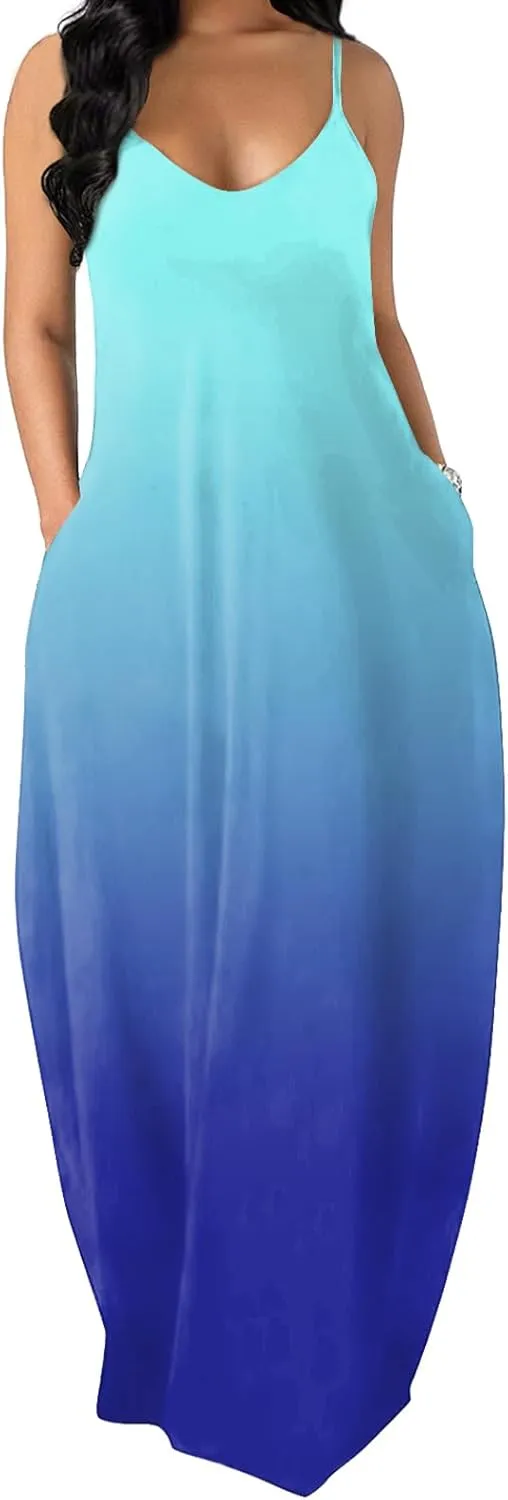 OFEEFAN Women's Maxi Dresses Summer Spaghetti Strap Dress with Pockets