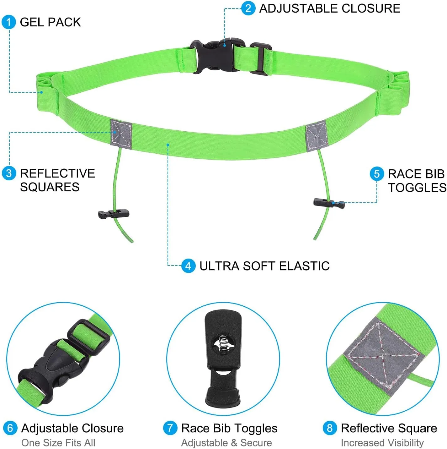 PATIKIL Elastic Triathlon Running Belt, 2 Pack Adjustable Race Number Belt Race Belt Bib Holder with 6 Energy Gel Loops for Marathons Racing Cycling, Green