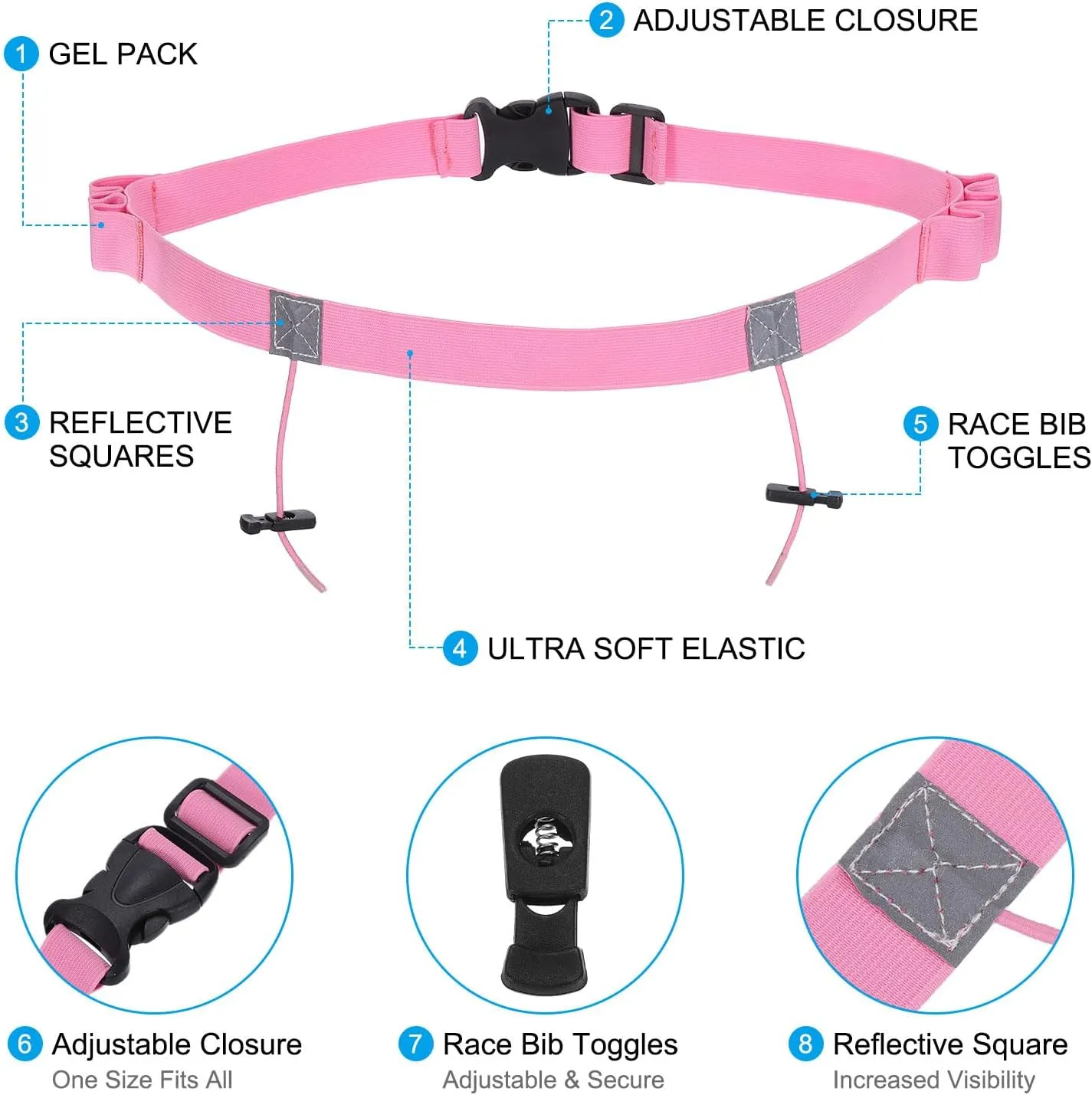 PATIKIL Elastic Triathlon Running Belt, 2 Pack Adjustable Race Number Belt Race Belt Bib Holder with 6 Energy Gel Loops for Marathons Racing Cycling, Pink