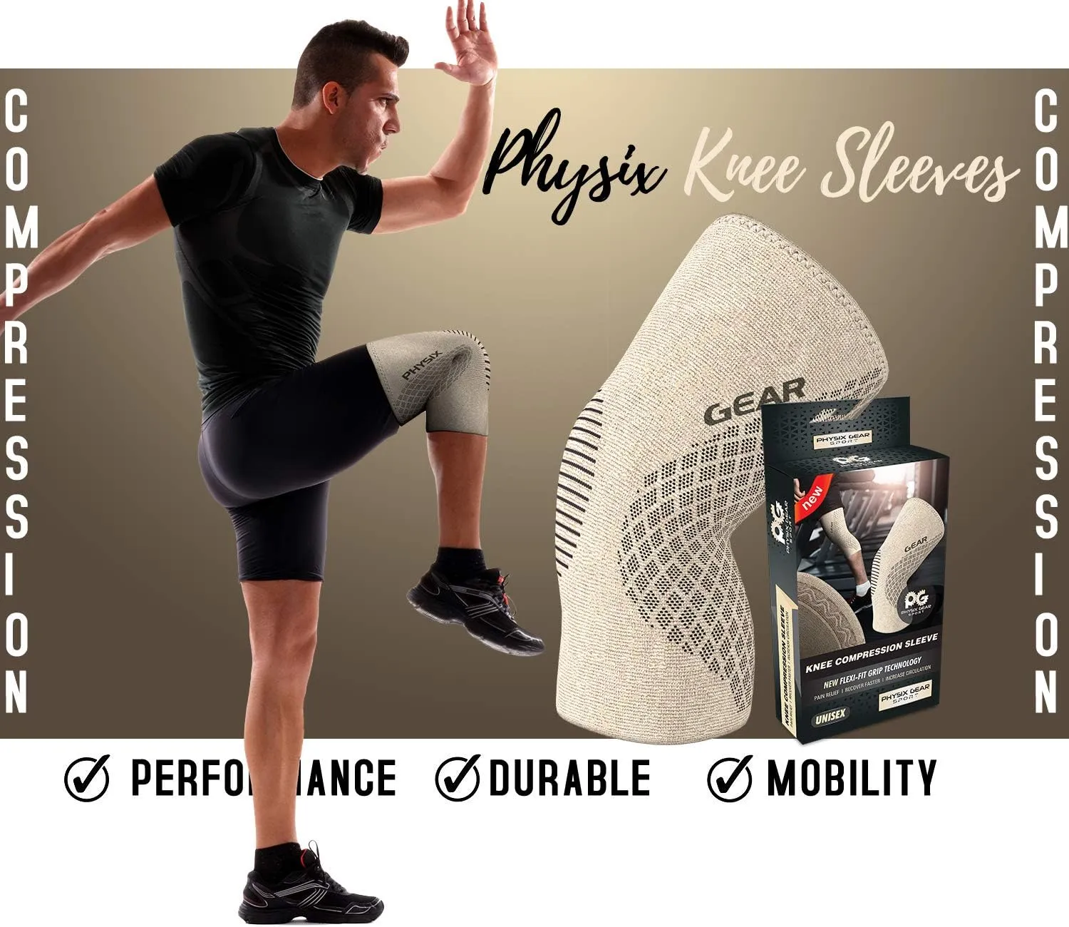 Physix Gear Knee Compression Sleeve for Men & Women - Best Compression Knee Brace for Walking, Running, Gym, Basketball, Weightlifting,Workout, Sports - Knee sleeves Support Compression & Stability