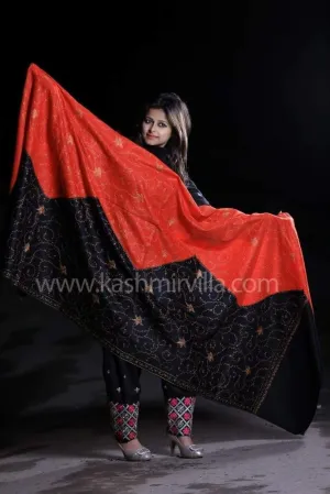 Red Black Color Kashmiri Work Embroidered Shawl Enriched With Running Jaal Pattern