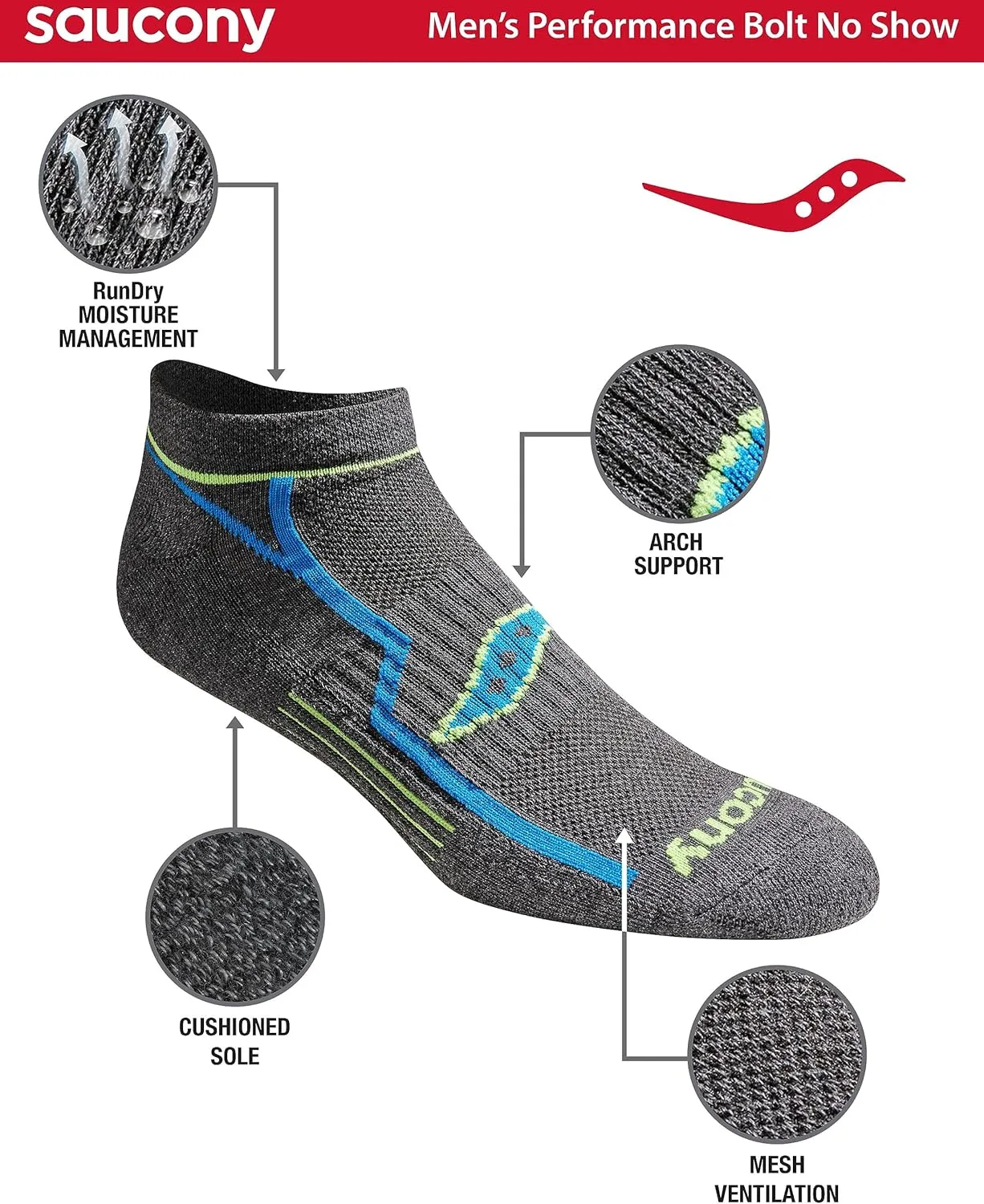 Saucony Men's RunDry Bolt Performance No-Show Socks, Available in M-XXL (6, 12, 18 Pairs)
