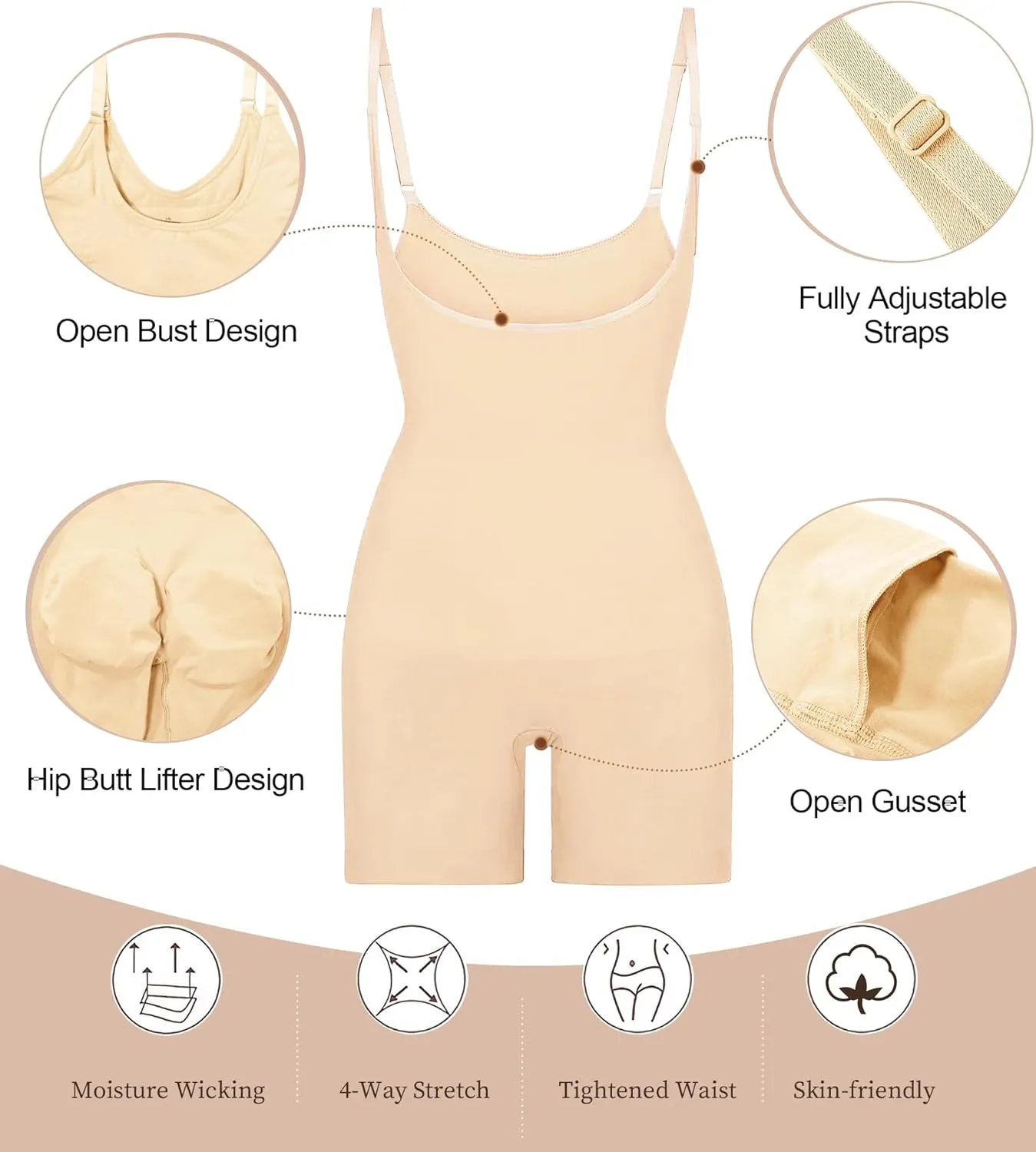 SHAPERX Open Bust Shapewear Tummy Control Bodysuits for Women Seamless Compression High Waisted Body Shaper