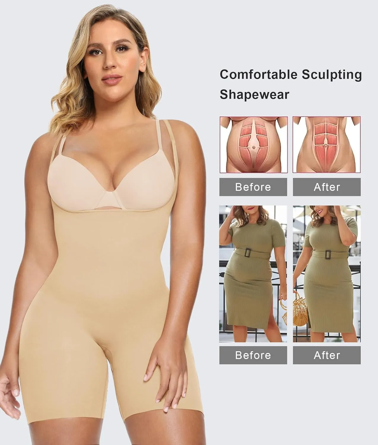 SHAPERX Open Bust Shapewear Tummy Control Bodysuits for Women Seamless Compression High Waisted Body Shaper