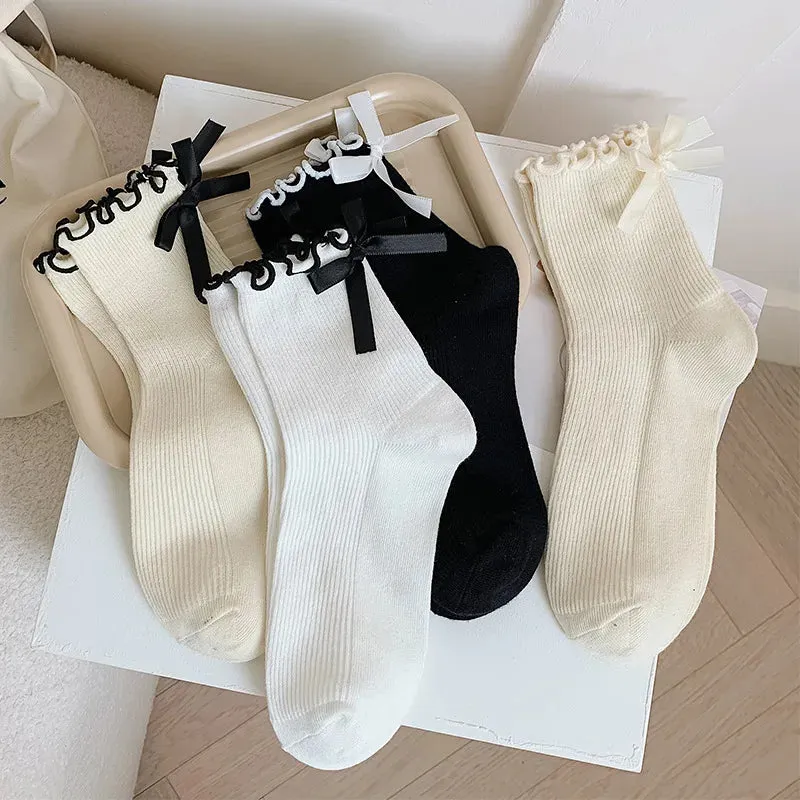 Sohiwoo Bow Lace Socks Women's Middle Tube Socks Lolita Style Pile Socks Fashion Simple Solid Color Autumn Socks Women Socks JK Socks