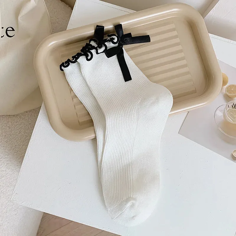 Sohiwoo Bow Lace Socks Women's Middle Tube Socks Lolita Style Pile Socks Fashion Simple Solid Color Autumn Socks Women Socks JK Socks