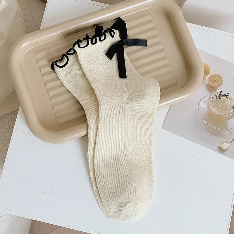 Sohiwoo Bow Lace Socks Women's Middle Tube Socks Lolita Style Pile Socks Fashion Simple Solid Color Autumn Socks Women Socks JK Socks