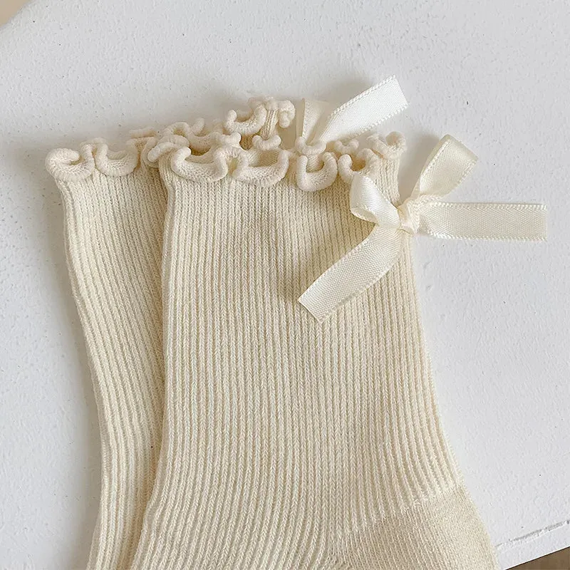 Sohiwoo Bow Lace Socks Women's Middle Tube Socks Lolita Style Pile Socks Fashion Simple Solid Color Autumn Socks Women Socks JK Socks