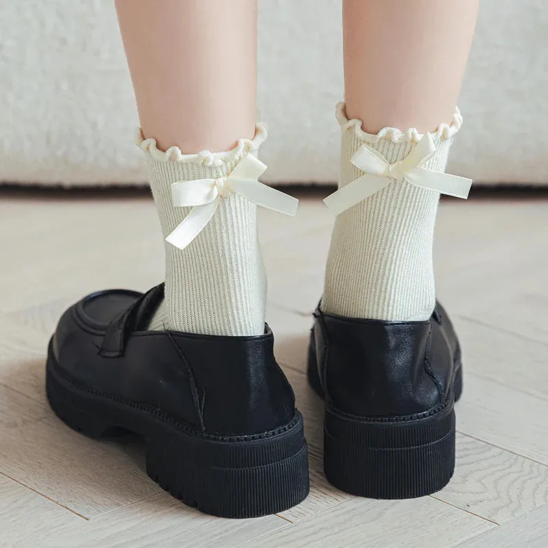 Sohiwoo Bow Lace Socks Women's Middle Tube Socks Lolita Style Pile Socks Fashion Simple Solid Color Autumn Socks Women Socks JK Socks
