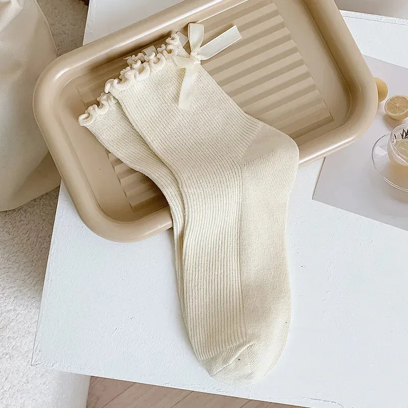 Sohiwoo Bow Lace Socks Women's Middle Tube Socks Lolita Style Pile Socks Fashion Simple Solid Color Autumn Socks Women Socks JK Socks