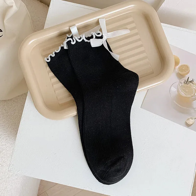 Sohiwoo Bow Lace Socks Women's Middle Tube Socks Lolita Style Pile Socks Fashion Simple Solid Color Autumn Socks Women Socks JK Socks