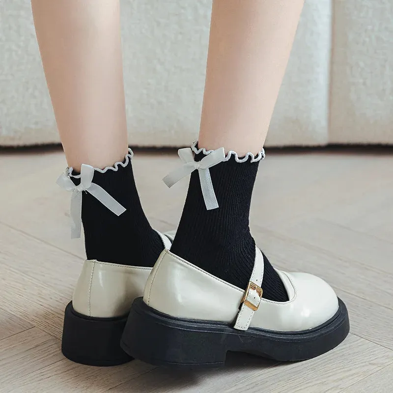 Sohiwoo Bow Lace Socks Women's Middle Tube Socks Lolita Style Pile Socks Fashion Simple Solid Color Autumn Socks Women Socks JK Socks