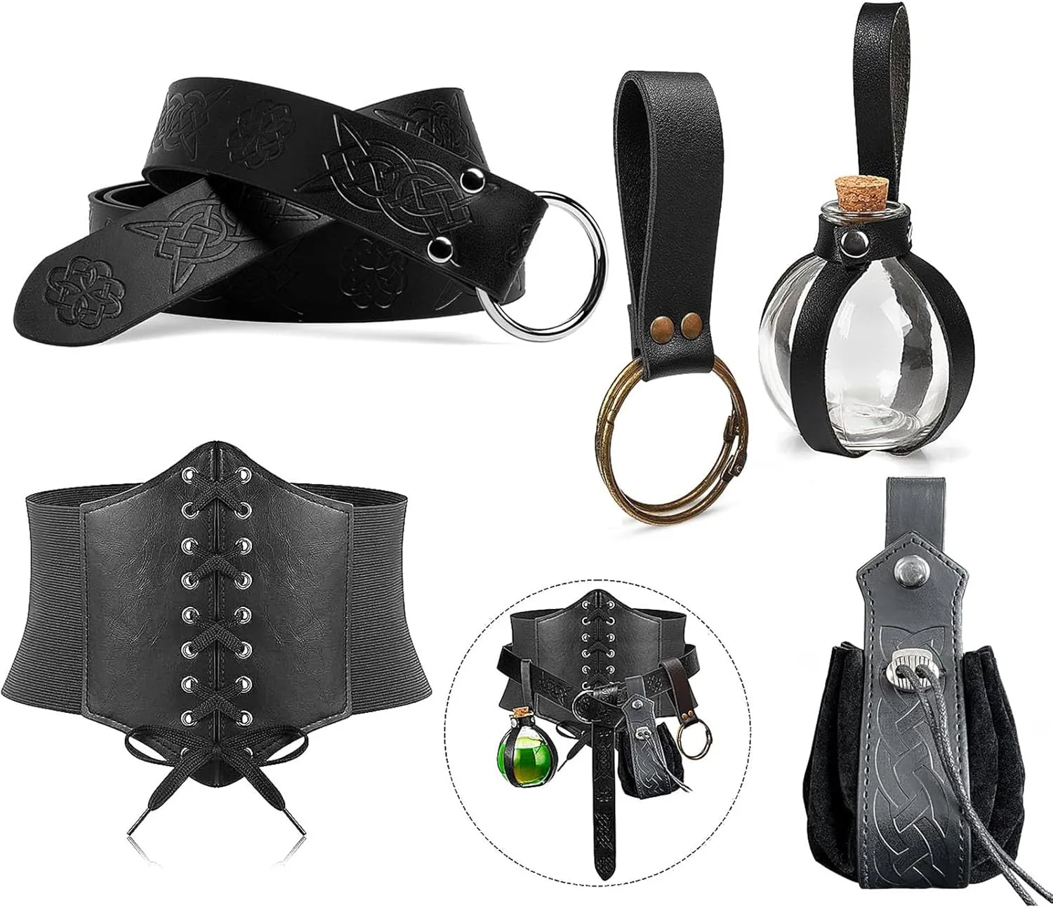 SUMGOGO 5PCS Corset Renaissance Belt Medieval Renaissance Belt Pouch Cork Potion Bottle Festival Halloween Costume Accessory