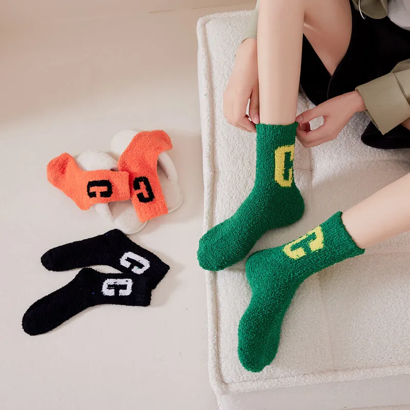Super Cozy Women's Coral Fleece Socks With Sherpa Lining And Letter Embroidery Holiday Socks