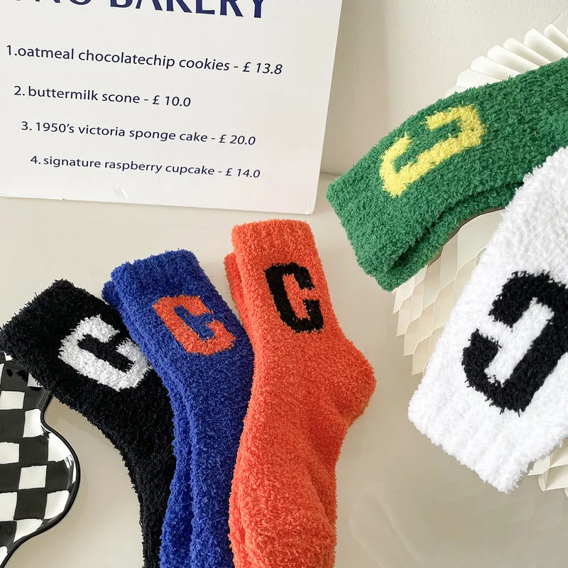 Super Cozy Women's Coral Fleece Socks With Sherpa Lining And Letter Embroidery Holiday Socks
