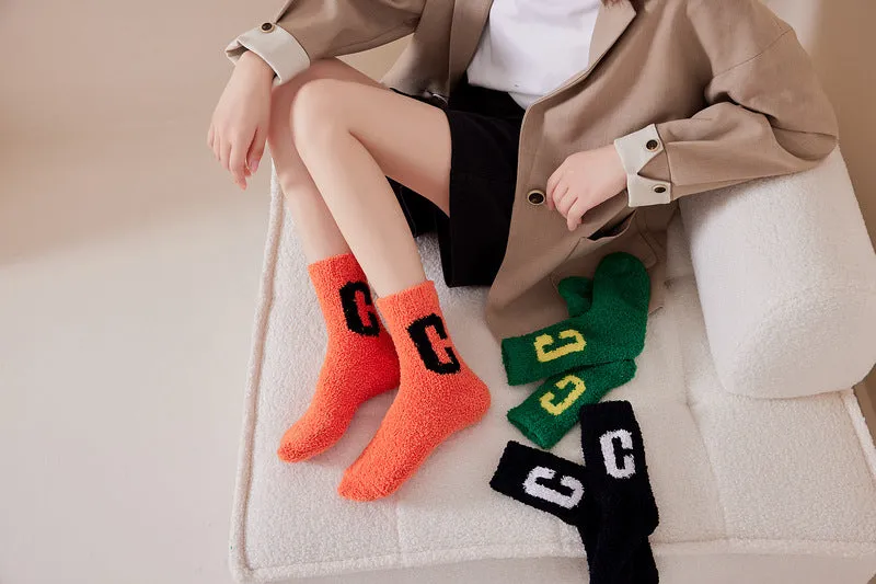 Super Cozy Women's Coral Fleece Socks With Sherpa Lining And Letter Embroidery Holiday Socks