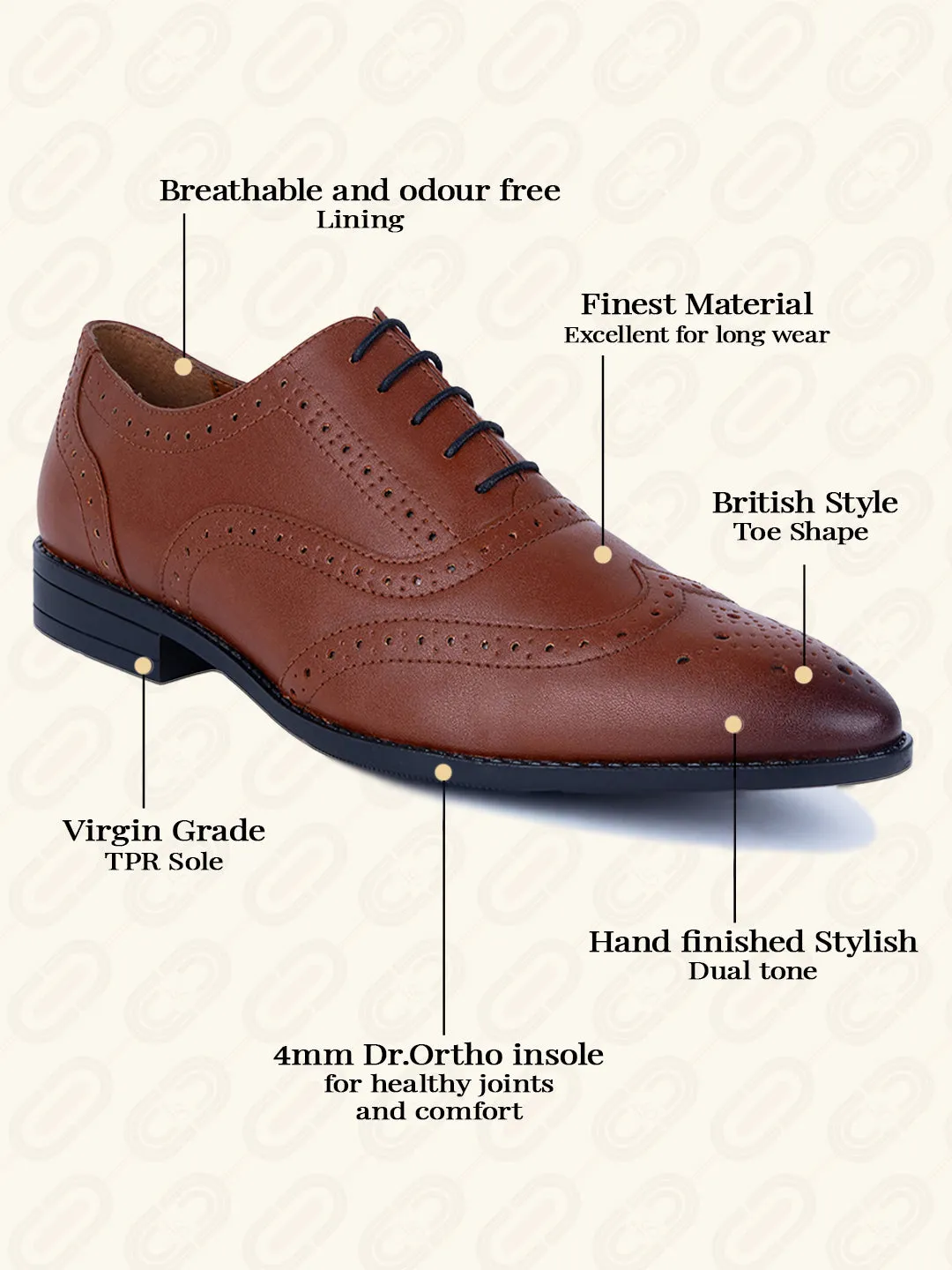 Tan Wingtip Brogue Style Comfortable Formal Lace Up Shoes