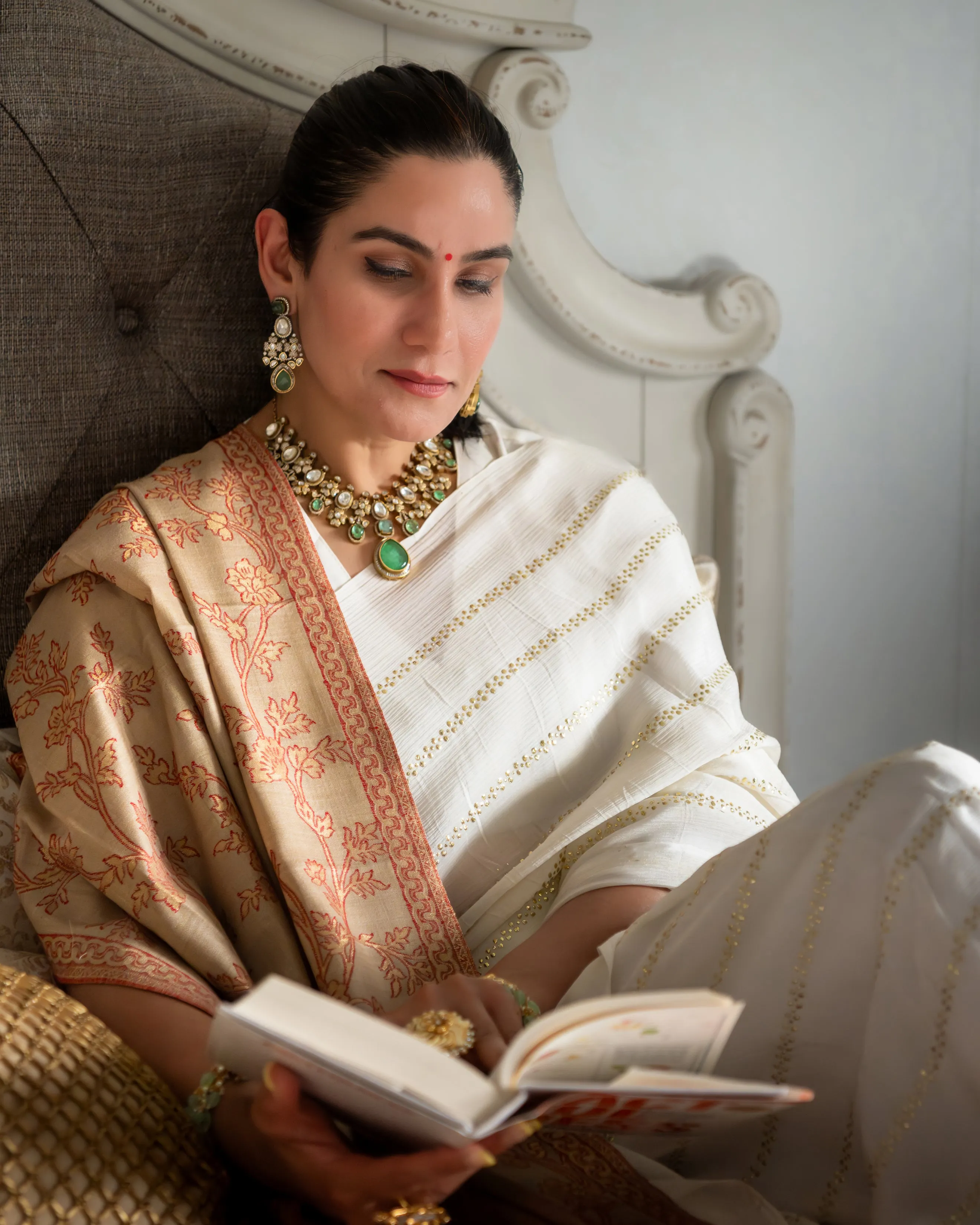 Tilla Floral Weave Wool Shawl Beige