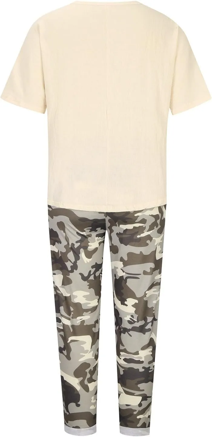 Two Piece Summer Outfits for Women Casual Cotton Linen Sets Oversized T Shirts Camo Capri Pants 2025 Resort Wear
