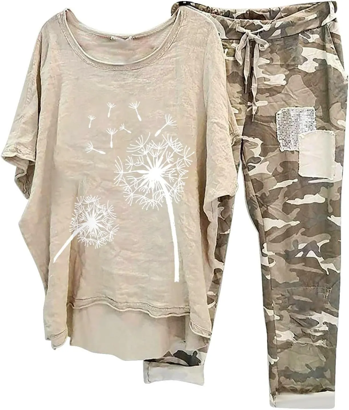 Two Piece Summer Outfits for Women Casual Cotton Linen Sets Oversized T Shirts Camo Capri Pants 2025 Resort Wear