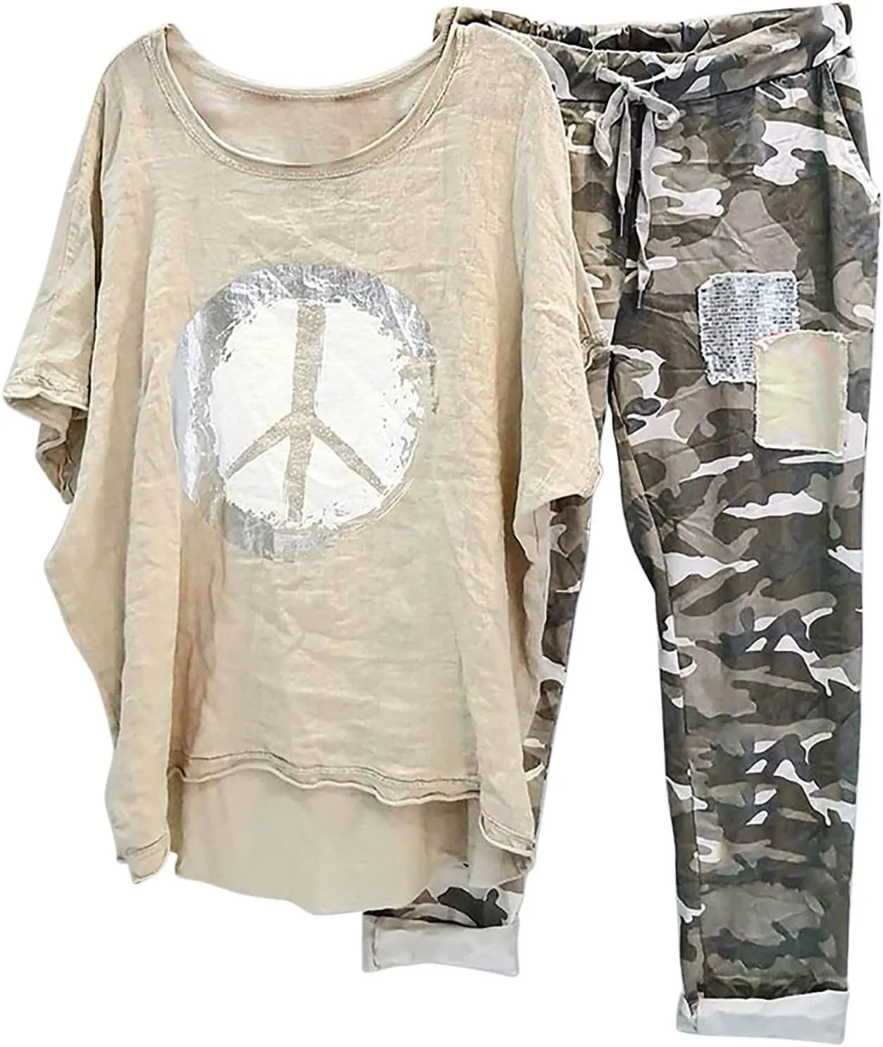 Two Piece Summer Outfits for Women Casual Cotton Linen Sets Oversized T Shirts Camo Capri Pants 2025 Resort Wear
