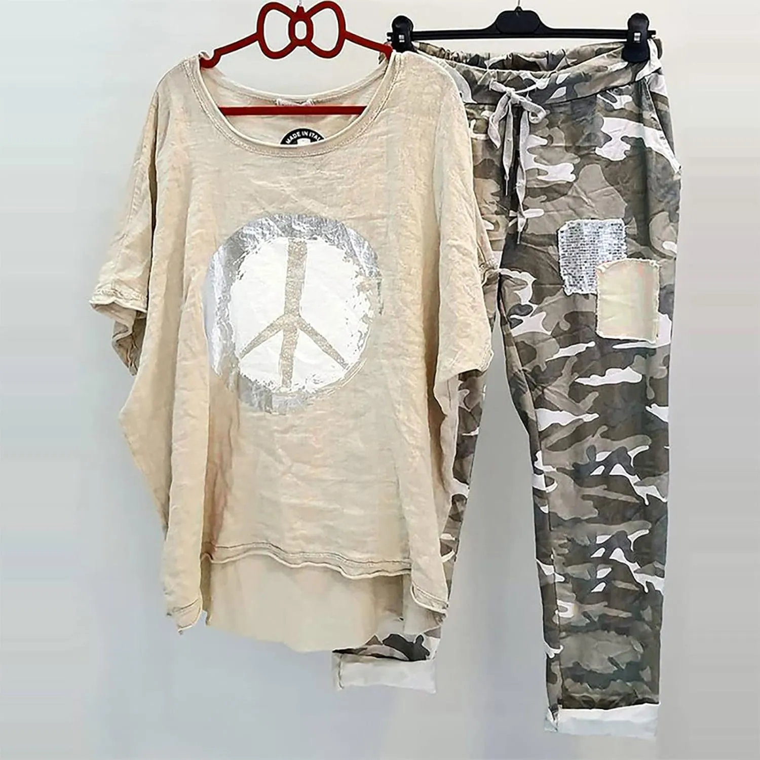 Two Piece Summer Outfits for Women Casual Cotton Linen Sets Oversized T Shirts Camo Capri Pants 2025 Resort Wear