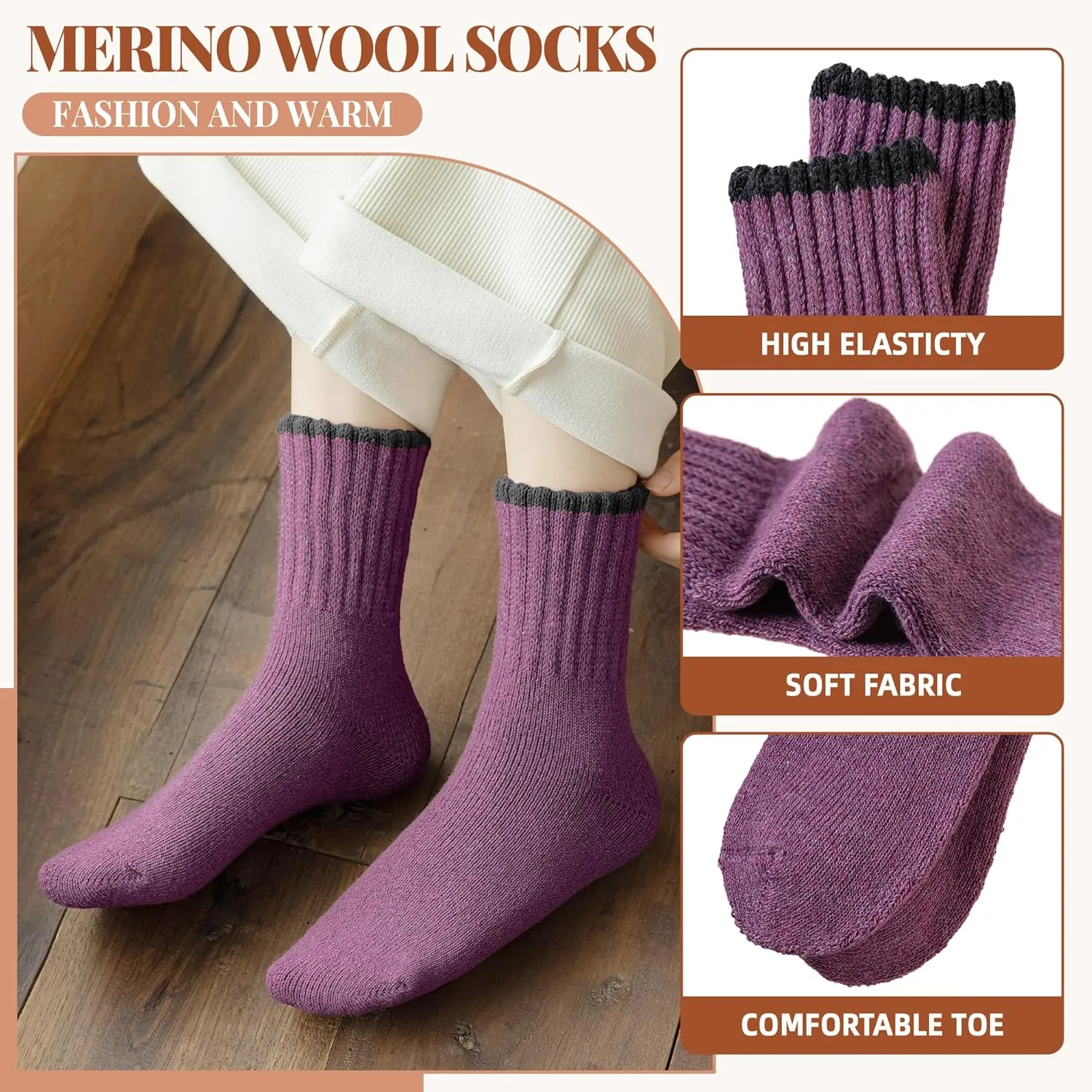 Velice Wool Socks for Women - Merino Wool Boot Hiking Thick Thermal Warm Winter Crew Cushion Cozy Work Socks - 5 Pairs