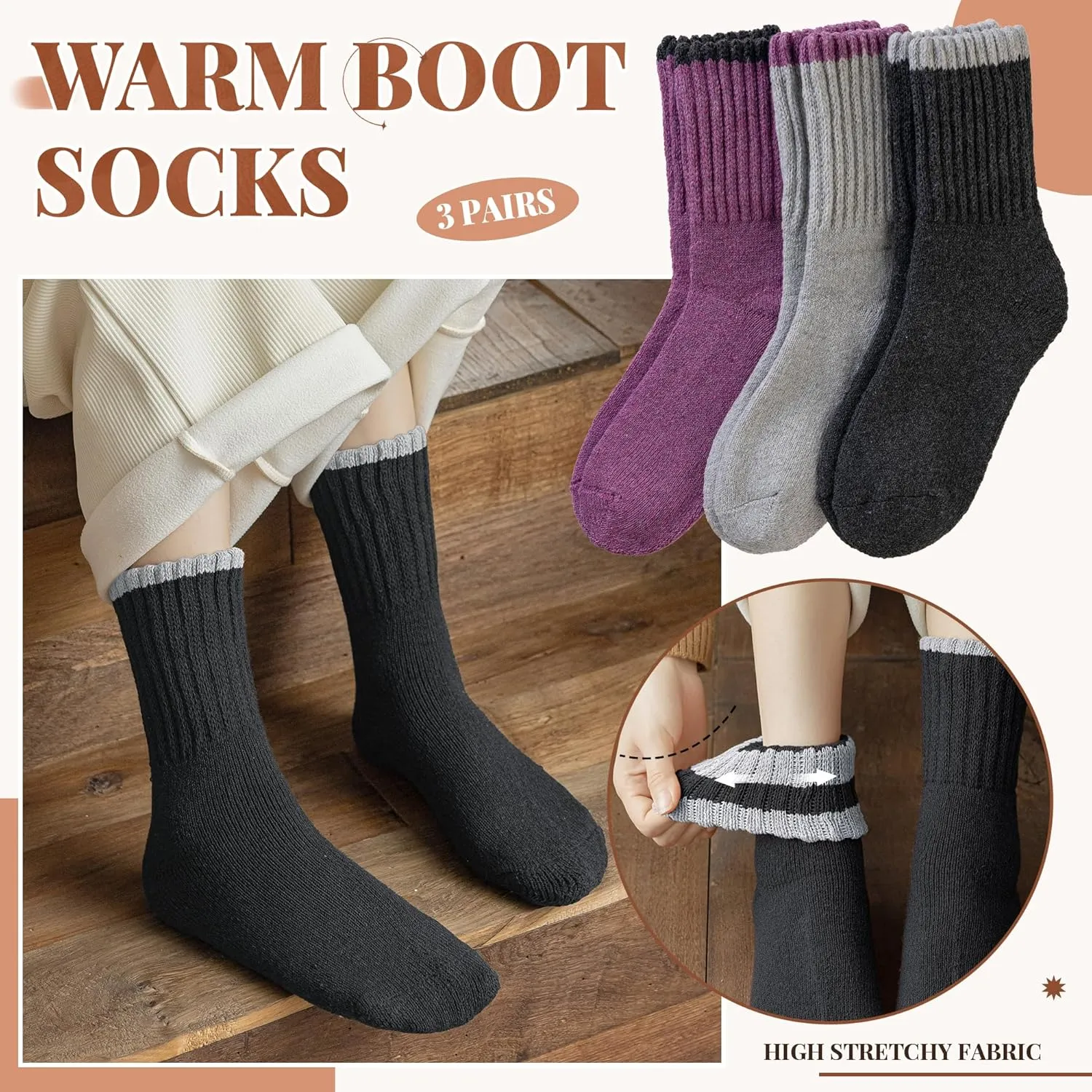 Velice Wool Socks for Women - Merino Wool Boot Hiking Thick Thermal Warm Winter Crew Cushion Cozy Work Socks - 5 Pairs