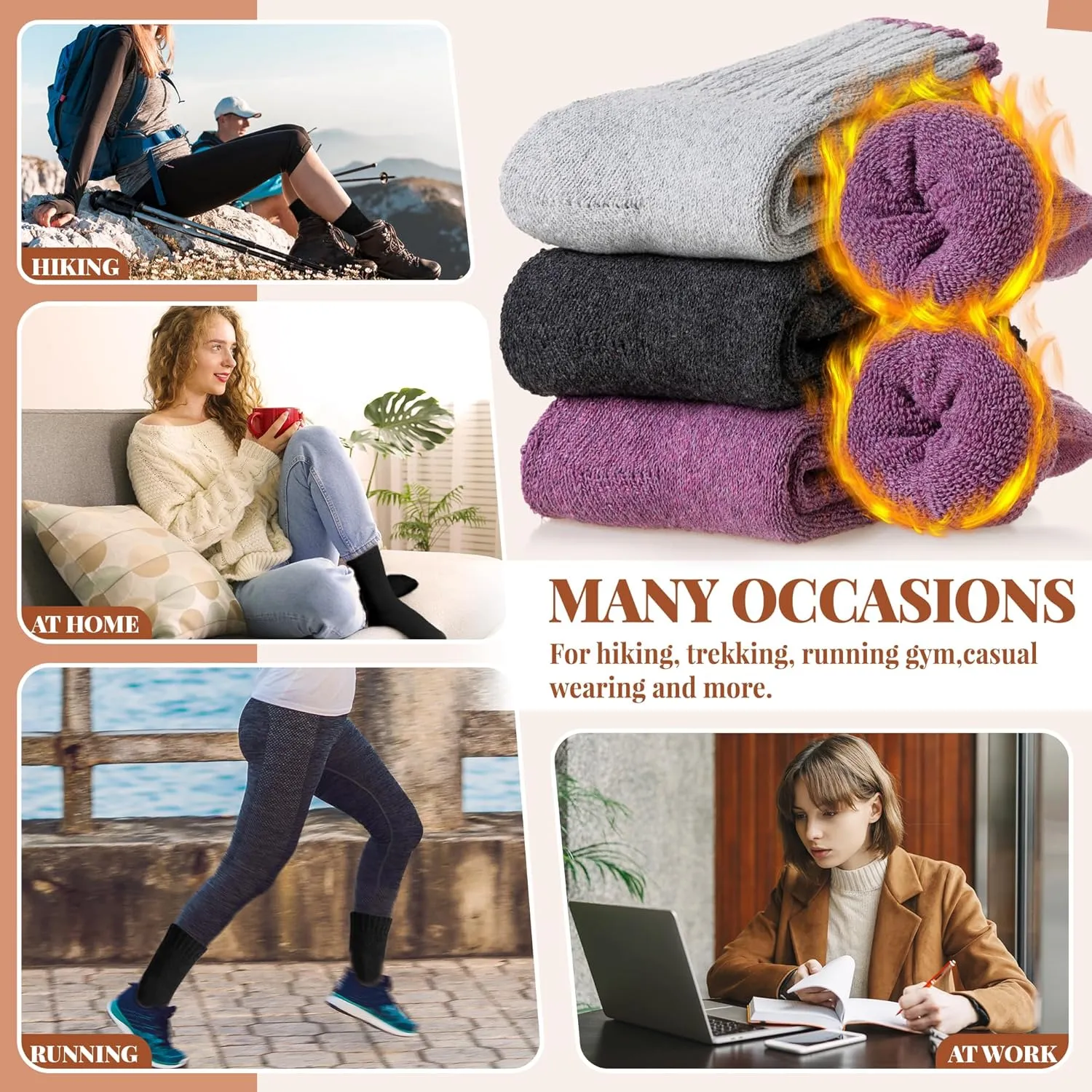 Velice Wool Socks for Women - Merino Wool Boot Hiking Thick Thermal Warm Winter Crew Cushion Cozy Work Socks - 5 Pairs