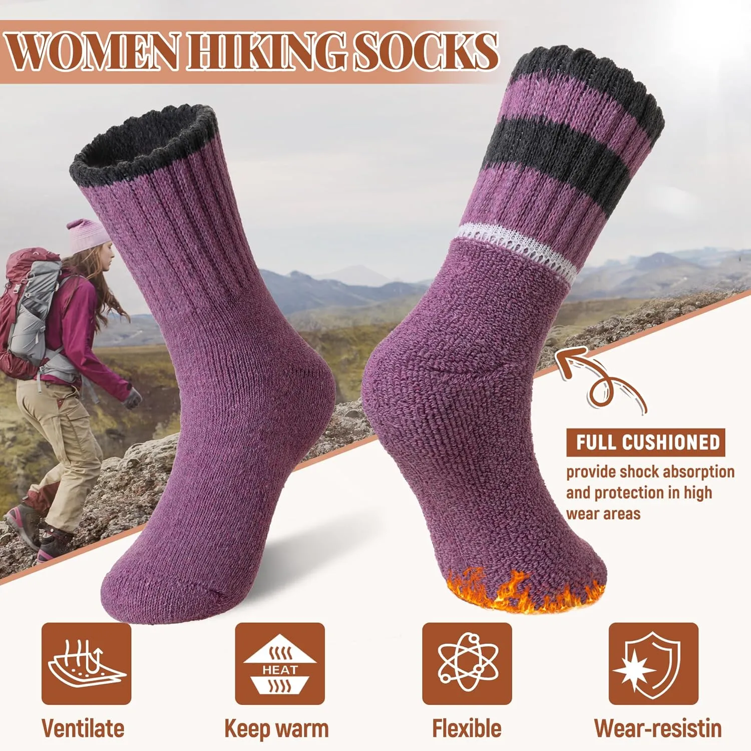 Velice Wool Socks for Women - Merino Wool Boot Hiking Thick Thermal Warm Winter Crew Cushion Cozy Work Socks - 5 Pairs