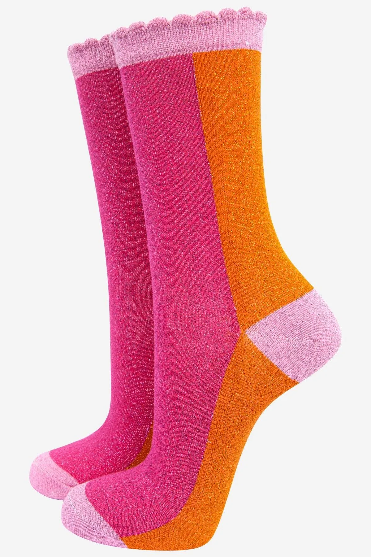 Women's Cotton Glitter Socks Colour Block in Pink & Orange