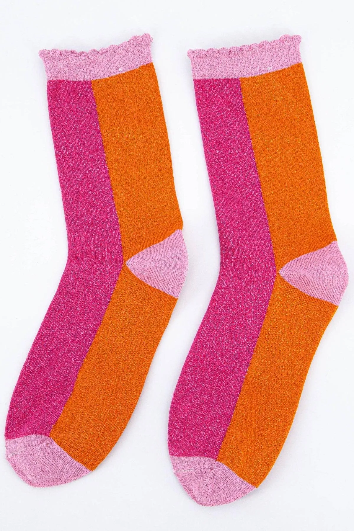 Women's Cotton Glitter Socks Colour Block in Pink & Orange
