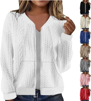 Women's Zip Up Cable Knit Sweater Long Sleeve Open Front Cardigan Warm Cardigan with Pockets Outwear Coats