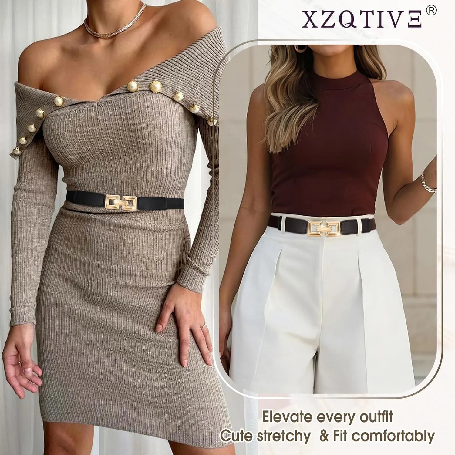 XZQTIVE 2 Pack Women Skinny Stretchy Cinch Belt for Dresses, Thin Elastic Belt Ladies Waist Belt with Retro Gold Buckle