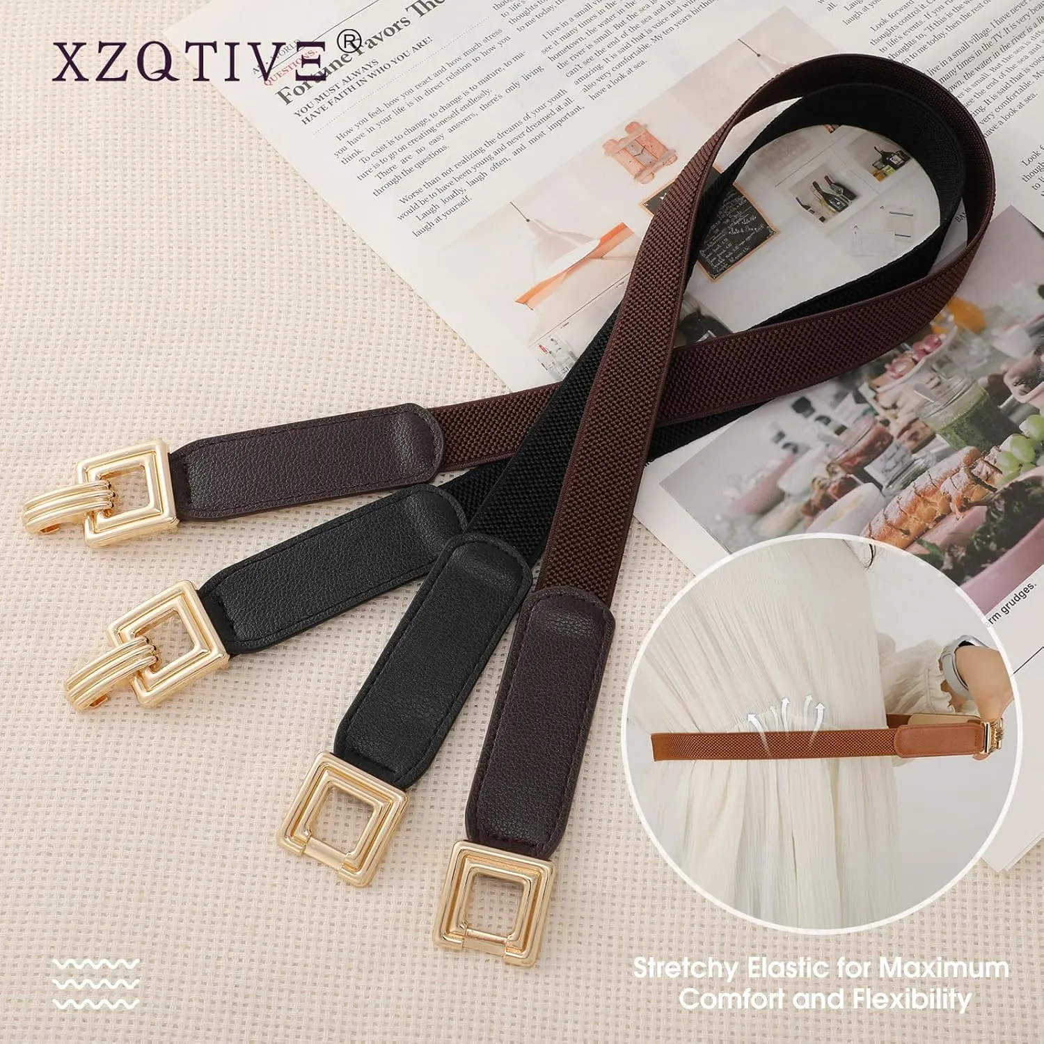 XZQTIVE 2 Pack Women Skinny Stretchy Cinch Belt for Dresses, Thin Elastic Belt Ladies Waist Belt with Retro Gold Buckle