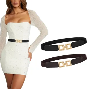 XZQTIVE 2 Pack Women Skinny Stretchy Cinch Belt for Dresses, Thin Elastic Belt Ladies Waist Belt with Retro Gold Buckle
