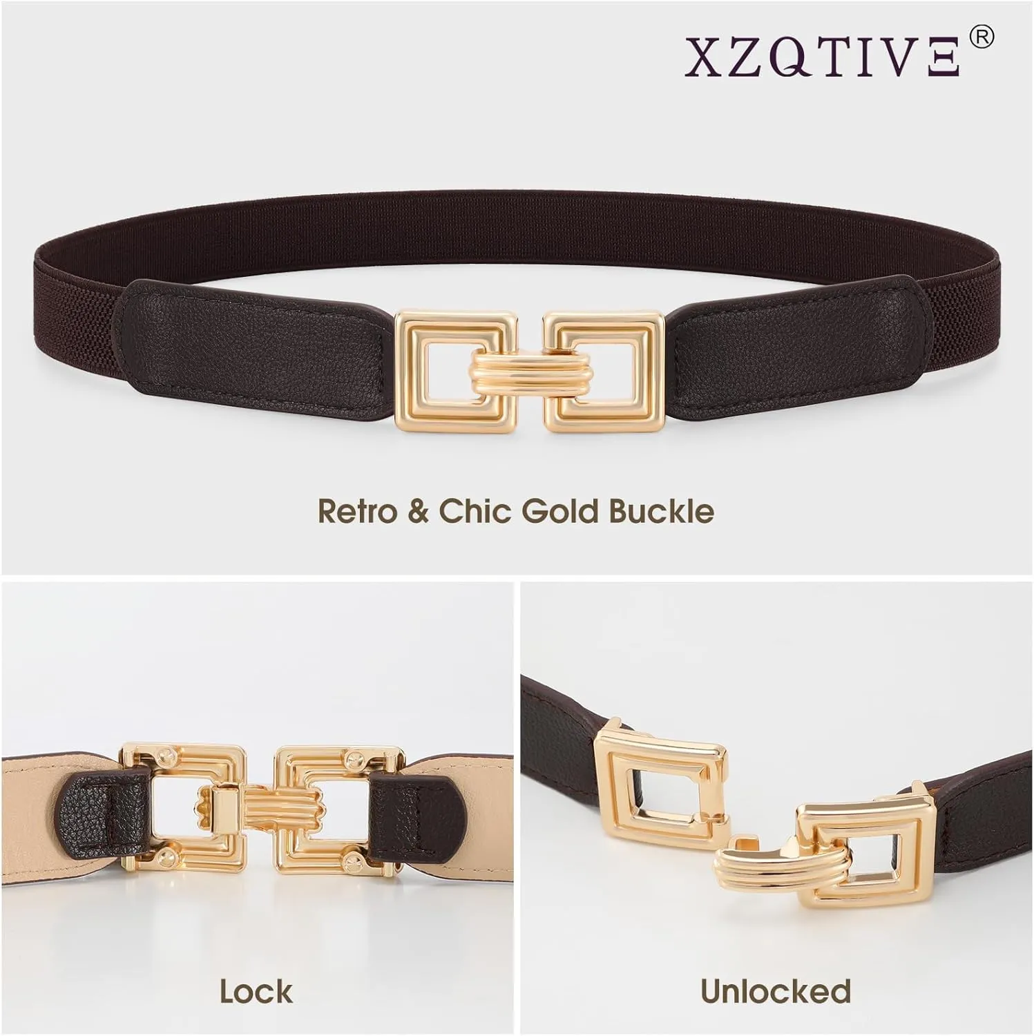 XZQTIVE 2 Pack Women Skinny Stretchy Cinch Belt for Dresses, Thin Elastic Belt Ladies Waist Belt with Retro Gold Buckle