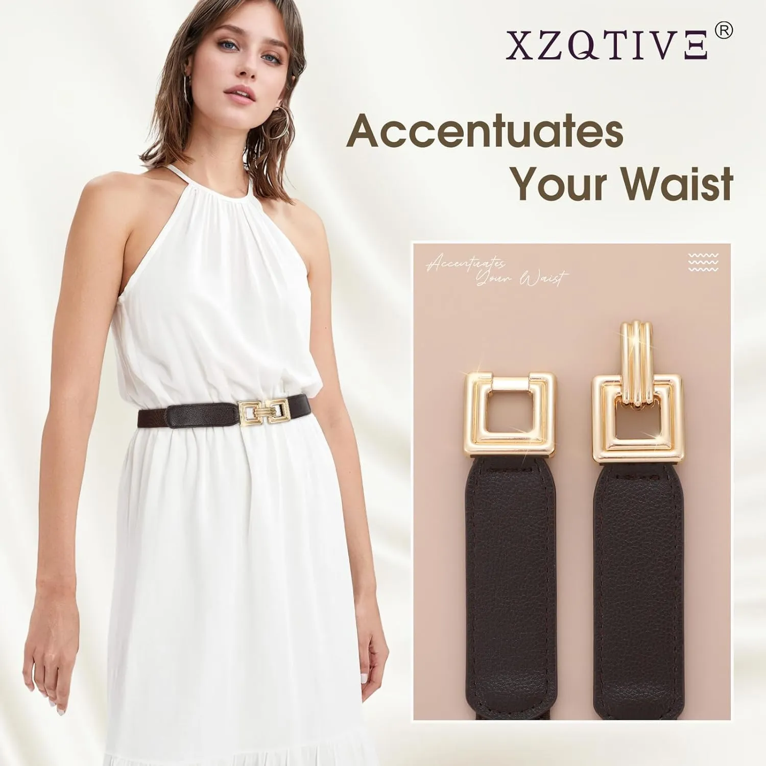 XZQTIVE 2 Pack Women Skinny Stretchy Cinch Belt for Dresses, Thin Elastic Belt Ladies Waist Belt with Retro Gold Buckle