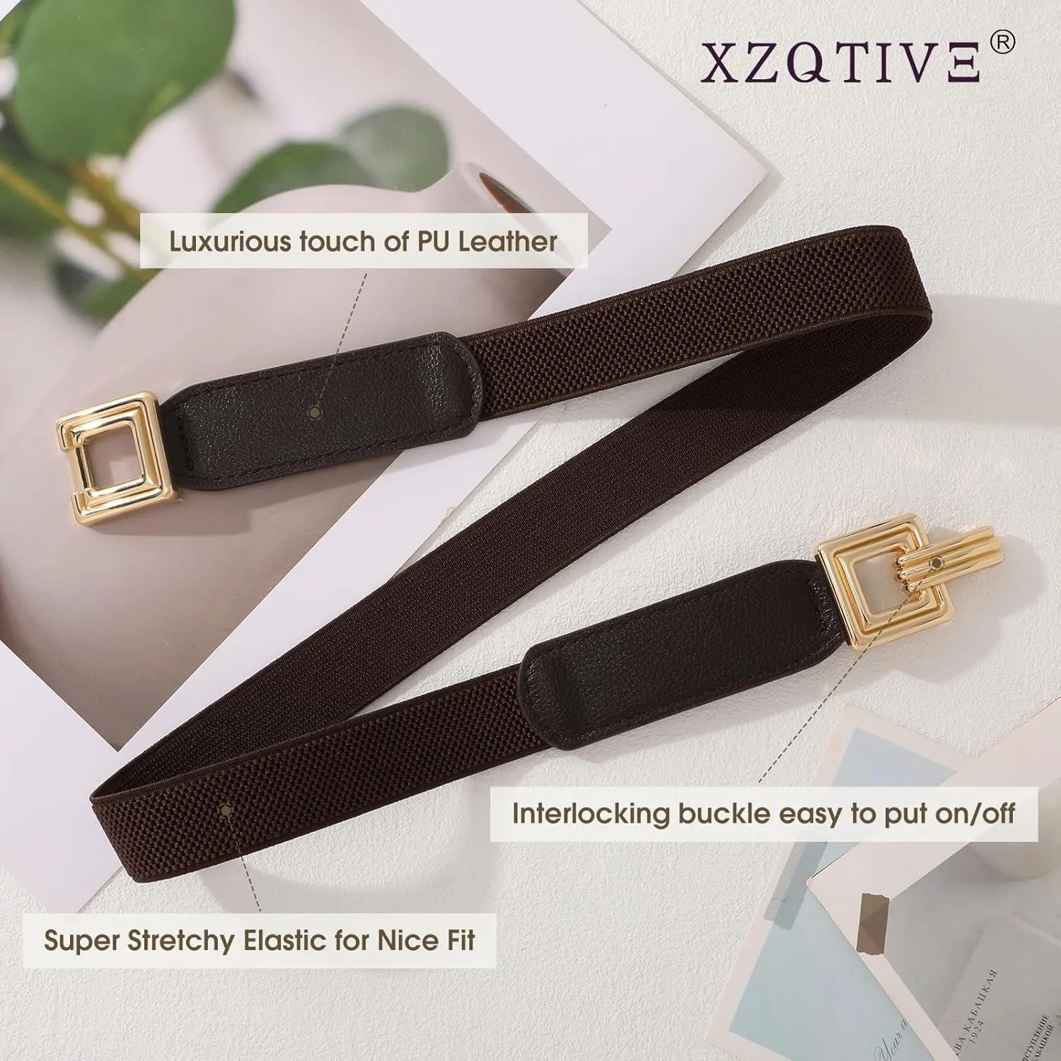 XZQTIVE 2 Pack Women Skinny Stretchy Cinch Belt for Dresses, Thin Elastic Belt Ladies Waist Belt with Retro Gold Buckle